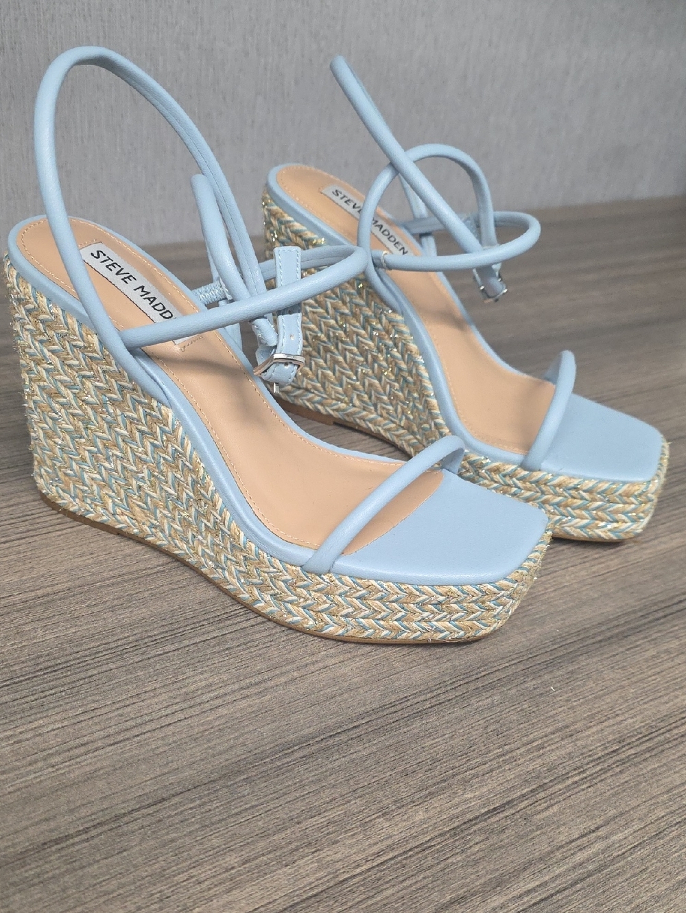 Steve Madden Pale Blue w/ Silver Accent Braided Espadrille Wedges